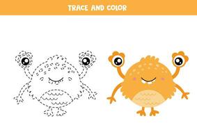 spår och Färg söt tecknad serie gul monster. kalkylblad för barn. vektor