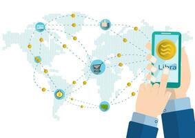 företag händer man använda sig av mobil telefon.hand använda sig av app libra mynt för webb internet och utbyta pengar. de är på Karta värld och ikon internet.exchange, vektor kryptovaluta och digital mynt ikon.