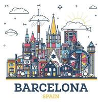 översikt barcelona Spanien stad horisont med färgad modern och historisk byggnader isolerat på vit. barcelona stadsbild med landmärken. vektor