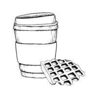 vektor belgien våfflor efterrätt med kaffe kopp svart och vit illustration. bageri färsk frukost ClipArt för meny