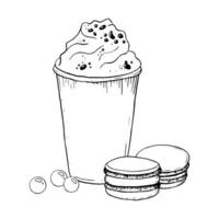 Milchshake mit ausgepeitscht Creme, Makronen Kekse und runden Süßigkeiten Vektor schwarz und Weiß Illustration. kalt Sommer- trinken im Plastik Tasse mit köstlich Dessert