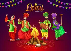 indisch Punjabi Festival von lohri Feier Feuer Hintergrund mit dekoriert Trommel, Bhangra Tänzer, und Lagerfeuer mit Festival Elemente. glücklich lohri vektor