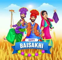 Lycklig Baisakhi firande, hälsning kort, inbjudan kort, de baner, festival av punjab Indien. grupp av människor håller på med de bhangra dansa vektor