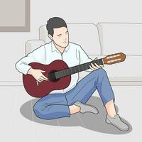 Mann Sitzung Solo spielen Gitarre Melodie vektor