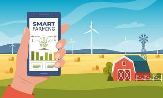 Smart Farming, futuristische Technologien in der Landwirtschaft. Smartphone mit App zur Steuerung von Pflanzenanbau, Windmühlen, landwirtschaftlicher Automatisierung. Bauernhofszene mit roter Scheune. ländliche Landschaft. Vektor. vektor