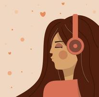 kvinna lyssnande till musik med hörlurar, vektor illustration i platt stil