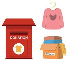 vektor platt illustration av en välgörenhet organisation fördelnings kläder, kläder i en låda