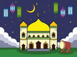 umrissen Moschee islamisch Masjid Ramadhan thematisch mit Nacht Himmel Landschaft Vektor Illustration. Moschee oder Masjid, Laternen, Mond, Beduk Zeichnung. einfach eben umrissen Karikatur gestylt Zeichnung.