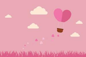 Illustration von Liebe und Valentinstag Tag, heiß Luft Ballon fliegt Über das Gras mit Herz schwebend auf das Himmel. Papier Kunst und Digital Kunst Stil. vektor