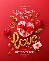 Valentinstag Tag Banner Vorlage mit Herz geformt Geschenk Schachtel, golden Text Liebe und golden Liebe 3d icons.vektor von Poster oder Banner zum Valentinstag Tag.Grüße und die Geschenke zum Liebe Konzept. vektor