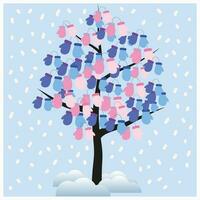 illustration av en vinter- träd med vantar istället av löv. snödrivor och snö. ny år. den kan vara Begagnade för vykort, affisch, tidningar, barns böcker. vektor