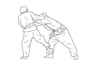 Linie Zeichnung von zwei jung sportlich Judoka Kämpfer. Jude, Judoka, Athlet, Duell, Streit, Judo vektor