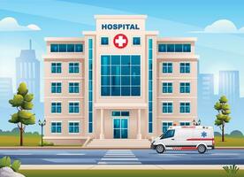 sjukhus byggnad med ambulans nödsituation bil på stadsbild bakgrund. vektor tecknad serie illustration