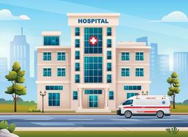 Krankenhaus Gebäude mit Krankenwagen Notfall Auto und Stadt Landschaft. Vektor Karikatur Illustration
