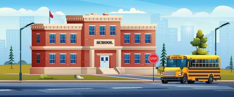 skola byggnad med skola buss på stadsbild bakgrund vektor tecknad serie illustration