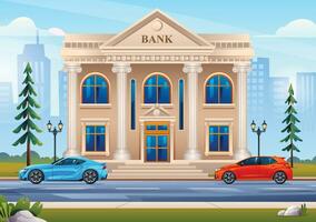 Bank Gebäude mit Autos auf Stadtbild Hintergrund. Vektor Karikatur Illustration