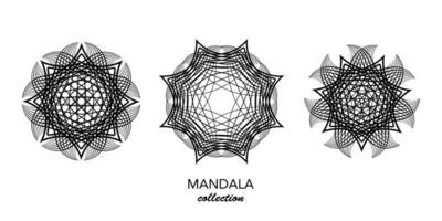 uppsättning grafisk mandala, abstrakt geometrisk teknologisk cirklar, trådmodell logotyp företag begrepp vektor buntar, helig geometri i runda svart rader isolerat på vit bakgrund