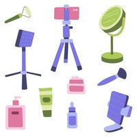 uppsättning av kosmetika och Utrustning för en skönhet bloggare. vektor platt illustration.