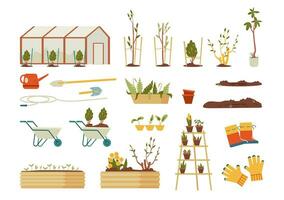Gartenarbeit Werkzeuge und Ausrüstung, Pflanzen, Sämlinge, Bäume und Gebüsch eben Vektor Abbildungen einstellen isoliert auf Weiß.
