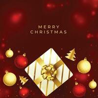 realistisch fröhlich Weihnachten Gruß mit Geschenk Kisten und Weihnachten Bälle Dekoration vektor