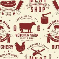 inköp affär sömlös mönster, bakgrund. vektor. sömlös mönster design med ko, gris, Kalkon, kyckling, gås silhuett. för butchery kött affär, marknadsföra, restaurang företag. vektor