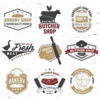 einstellen von Metzger Geschäft und Bäckerei Geschäft Abzeichen, Etikett. Vektor. Jahrgang Logo Design mit Kuh, Huhn, rollen Stift, Teig, Silhouette. zum Restaurant Identität Objekte, Verpackung, Speisekarte vektor