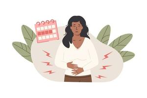 smärtsam menstruation begrepp trendig platt illustration. livmoder inflammation, endometrios. ung kvinna har ett abdominal smärta sammansättning med menstruations- kalender. en gång i månaden kvinnor cykel. gynekologi. vektor