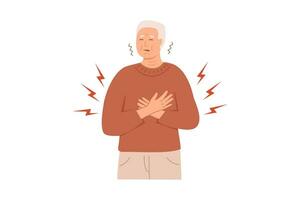 ett äldre man med hjärta ge sig på symtom. en person med händer på hans bröst upplever hjärt- ångest. medicinsk patient har stroke. vektor illustration isolerat på vit bakgrund.