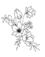 Frühling Blumen Linie Zeichnung. schwarz und Weiß Blumen- Blumensträuße. Blume Färbung Buchseite. Blumen- Linie Kunst. fein Linie Blumen Illustration. Hand gezeichnet Blumen. botanisch Färbung. Hochzeit Einladung Blumen vektor