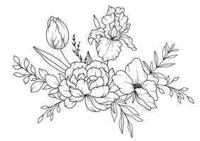 vår blommor linje teckning. svart och vit blommig buketter. blomma färg sida. blommig linje konst. bra linje blommor illustration. hand dragen blommor. botanisk färg. bröllop inbjudan blommor vektor
