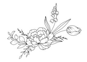 Frühling Blumen Linie Zeichnung. schwarz und Weiß Blumen- Blumensträuße. Blume Färbung Buchseite. Blumen- Linie Kunst. fein Linie Blumen Illustration. Hand gezeichnet Blumen. botanisch Färbung. Hochzeit Einladung Blumen vektor