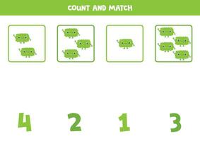 räkning spel för ungar. räkna Allt grön monster och match med tal. kalkylblad för barn. vektor