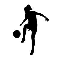 Silhouette von ein weiblich Fußball Spieler treten ein Ball. Silhouette von ein Fußball Spieler Frau im Aktion Pose. vektor