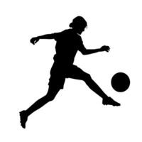 Silhouette von ein weiblich Fußball Spieler treten ein Ball. Silhouette von ein Fußball Spieler Frau im Aktion Pose. vektor