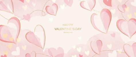 Lycklig valentines dag rosa bakgrund vektor. romantisk symbol teckning av rosa klotter hjärtan vattenfärg textur, guld linje. kärlek illustration för hälsning kort, webb baner, tyg, paket, omslag. vektor