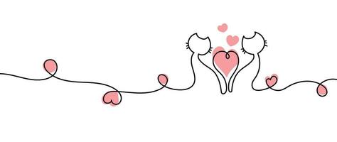 Lycklig hjärtans dag linje konst bakgrund vektor. ett kontinuerlig romantisk symbol teckning av katter och hjärtan. kärlek klotter illustration för hälsning kort, webb baner, inbjudan, dekor, vägg konst. vektor
