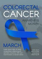 kolorektal cancer medvetenhet månad vertikal affisch med blå band. vektor illustration.