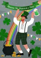 Lycklig st. patrick dag affisch. man drycker dryck och har roligt. vektor platt illustration.