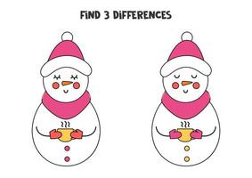 hitta 3 skillnader mellan två tecknade snögubbar. vektor