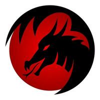 runda logotyp med drake och röd Sol. grafisk svart och vit illustration. vektor