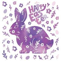 glücklich Ostern Karte. Aquarell Zeichnung von ein Kaninchen, Blumen, Eier, und Text. sanft schön Vektor Illustration.