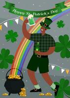 glücklich st. Patrick Tag Poster. Mann Getränke Getränk und hat Spaß. Vektor eben Illustration.