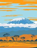 mount kilimanjaro vilande vulkan i tanzania det högsta berget i afrika wpa affischkonst vektor