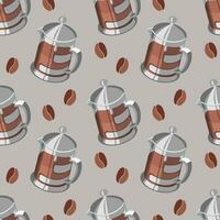 sömlös mönster, glas kannor med kaffe och kaffe bönor på en brun bakgrund. bakgrund, drycker, vektor