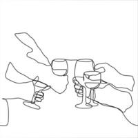 Hände von vier Menschen Wer Klirren Brille. einer Linie Zeichnung Konzept Feier, Toast, Klirren Gläser, Trinken Alkohol vektor