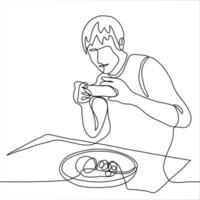 das Kerl nimmt ein Foto von Essen auf das Telefon. einer kontinuierlich Linie Zeichnung von ein Mann Herstellung ein Essen Foto vektor