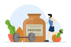 Konzept von gesund Leben mit Übung, Fitness und Diät Lebensmittel. gesund Diät. Protein trinken Charakter und frisch Gemüse Smoothie mit Vitamine. eben Vektor Illustration auf Weiß Hintergrund.