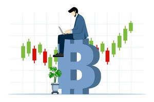 affärsman investerare använder sig av dator till handel crypto i stor bitcoin med ljusstake pris diagram, bitcoin och kryptovaluta investering, crypto handel generera vinster och inkomst från bitcoin pris vektor