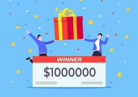 Lycklig lotteri vinnare med stor pris- lönecheck. vektor