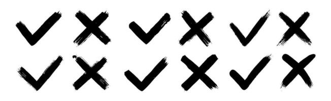 schmutzig Grunge Hand gezeichnet mit Bürste Schlaganfälle Kreuz x und Tick in Ordnung prüfen Markierungen v Vektor Illustration einstellen